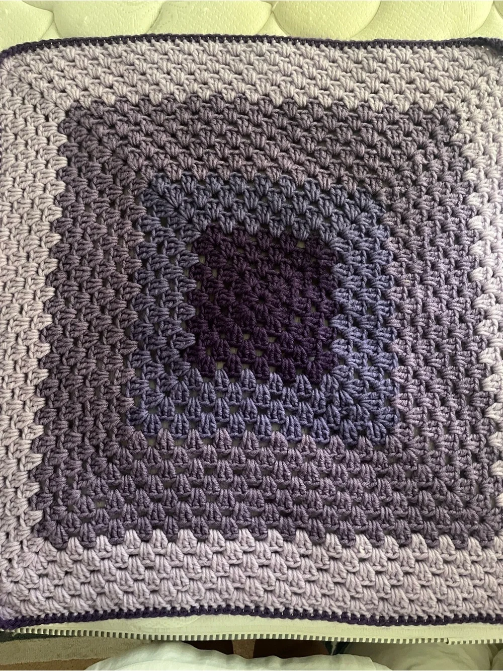 Handmade Crochet Square Throw- Purple Ombre. Measures 24” by 24”.